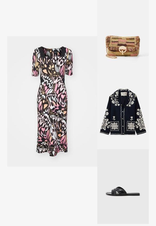 Navy jacket featuring white floral embroidery, square pockets, and button closure. Material appears textured and durable, with a classic collar design.; Multicolored dress with a square neckline and short sleeves. Crafted from stretchy fabric featuring a butterfly print in pink, black, and white.; Black slide sandals with a smooth leather finish, featuring crisscross straps and cut-out details, and a flat, flexible sole.; Vanessa Bruno MOON - Cross body bag - multico/jaune