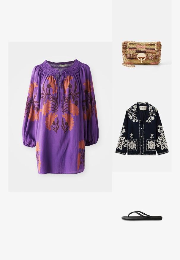 Chaqueta navy con bordado floral blanco, bolsillos cuadrados y cierre de botón. El material parece texturizado y duradero, con un diseño de cuello clásico.; Blusa morada con escote fruncido, mangas largas de globo y bordado de flores naranjas. Tejido ligero con una textura fluida.; Chanclas negras con suela de goma texturizada, dos tiras delgadas y un sutil detalle de logo en relieve en la tira.; Vanessa Bruno MOON - Bandolera - multico/jaune