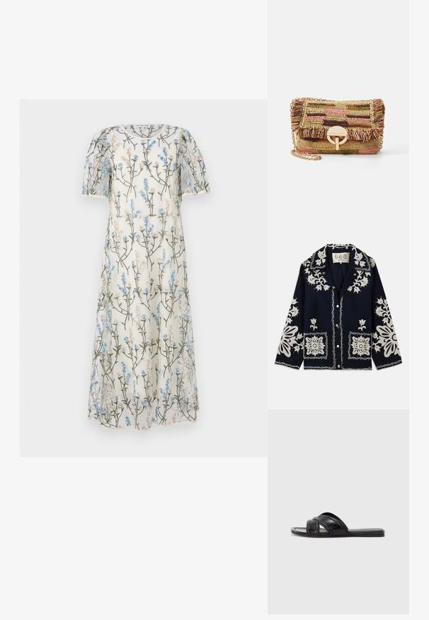 Mornarska jakna z belimi cvetličnimi izvezeninami, kvadratnimi žepi in gumbnim zapiranjem. Material se zdi teksturiran in trpežen, s klasičnim dizajnom ovratnika.; Prozračna bela obleka s cvetnim vzorcem modrih in bež cvetov, kratkimi napihnjenimi rokavi in A-linijo. Dekorativna vezenina po celotni obleki.; Črne drsne sandale z gladkim usnjenim finišem, z navzkrižnimi trakovi in izrezljanimi detajli ter ravnim, fleksibilnim podplatom.; Vanessa Bruno MOON - Torba čez telo - multico/jaune