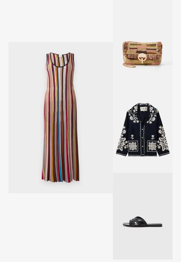 Sötétkék dzseki fehér virágos hímzéssel, négyzet alakú zsebekkel és gombos záródással. Az anyag textúrált és tartós hatású, klasszikus gallérkialakítással rendelkezik.; Ujjatlan, hosszú ruházat, amely függőleges csíkokban jelenik meg piros, rózsaszín, mustár, barna, kék és fekete színekkel egy világos háttéren.; Fekete slideszandál sima bőrfelülettel, keresztbe futó pántokkal és kivágott részletekkel, valamint lapos, hajlékony talppal.; Vanessa Bruno MOON - Keresztpántos táska - multico/jaune