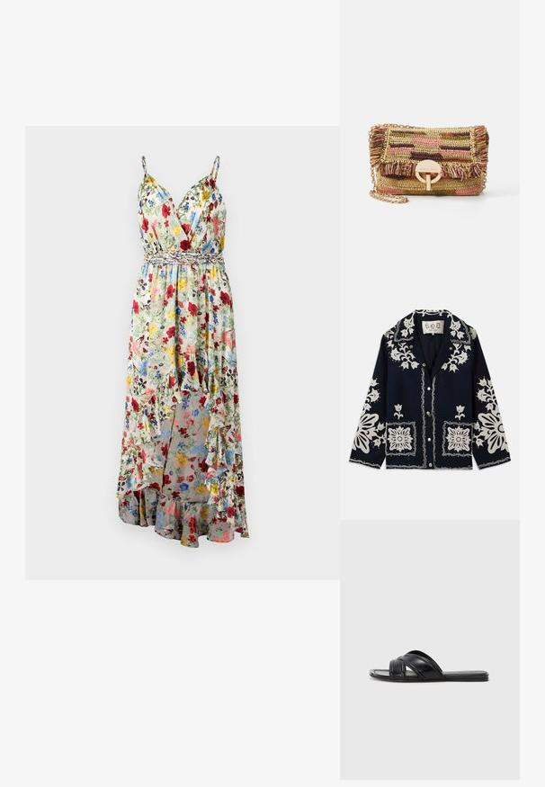 Námořnická bunda s bílými květinovými výšivkami, čtvercovými kapsami a zapínáním na knoflíky. Materiál vypadá texturovaně a odolně, s klasickým designem límce.; Alice + Olivia TARA CASCADING RUFFLE MIDI DRESS - Maxi šaty - dollhouse; Černé klínové sandály s hladkým koženým povrchem, s překříženými popruhy a výřezovými detaily, a plochou, flexibilní podrážkou.; Vanessa Bruno MOON - Taška s příčným popruhem - multico/jaune