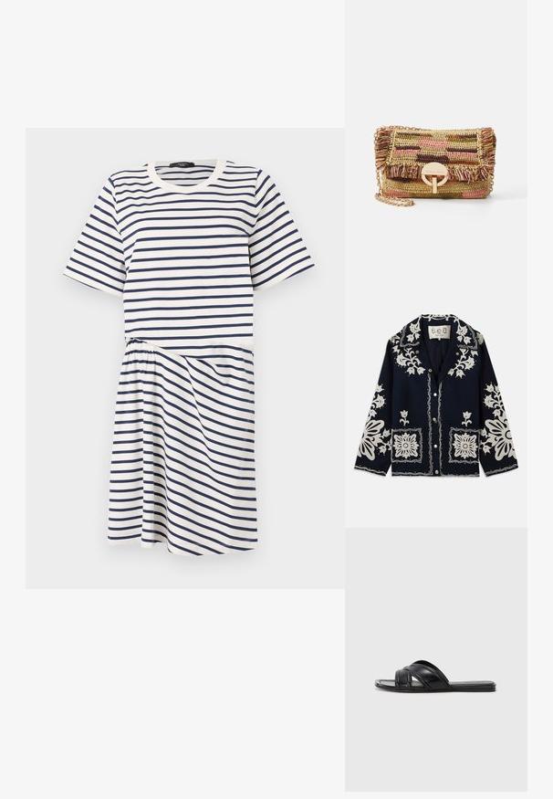 Jūras spēku jaka ar baltu ziedu izšuvumu, kvadrātveida kabatām un pogu aizdari. Materiāls šķiet teksturēts un izturīgs, ar klasisku apkakles dizainu.; Svītrainas kleitas ar apaļu kakla izgriezumu, īsām piedurknēm un elastīgu jostasvietu. Krāsas ir baltas ar tumši zilām horizontālajām svītrām.; Melni slide čības ar gludu ādas apdari, ar krustveida siksnām un izgriezumiem, kā arī platu, elastīgu zoli.; Vanessa Bruno MOON - Plecu soma - multico/jaune