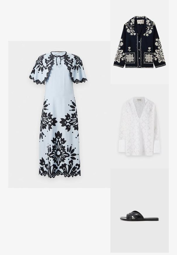 Navy jacket featuring white floral embroidery, square pockets, and button closure. Material appears textured and durable, with a classic collar design.; White long-sleeve shirt with a deep V-neck, featuring a diamond pattern and textured fabric. Label reads "TOVE."; Light blue dress with black floral patterns, short cap sleeves, a round neckline, and a scalloped hem. Ties at the neck for closure.; Black slide sandals with a smooth leather finish, featuring crisscross straps and cut-out details, and a flat, flexible sole.