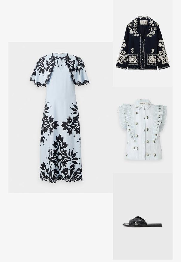 Marineblauwe jas met witte bloemenborduursels, vierkante zakken en knoopsluiting. Het materiaal lijkt gestructureerd en duurzaam, met een klassieke kraagontwerp.; Lichtblauwe blouse met verticale strepen, bloemenborduurwerk en geplooide ruffles aan de mouwen. Knopsluiting aan de voorkant met een standaard kraag.; Lichtblauwe jurk met zwarte bloemenpatronen, korte kapmouwen, een ronde halslijn en een gegolfde zoom. Sluit met een strik in de nek.; Zwarte slide sandalen met een gladde leren afwerking, voorzien van kruislings straps en uitsnijdingen, en een platte, flexibele zool.