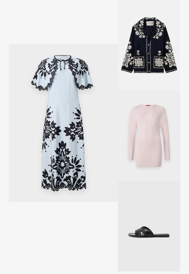 Námořnická bunda s bílými květinovými výšivkami, čtvercovými kapsami a zapínáním na knoflíky. Materiál vypadá texturovaně a odolně, s klasickým designem límce.; Světle růžový top s dlouhým rukávem a kulatým výstřihem, s diagonálními švy a hladkou texturou.; Svetle modré šaty s černými květinovými vzory, krátkými rukávy, kulatým výstřihem a zvlněným lemem. Zavazuje se na krku.; Černé klínové sandály s hladkým koženým povrchem, s překříženými popruhy a výřezovými detaily, a plochou, flexibilní podrážkou.
