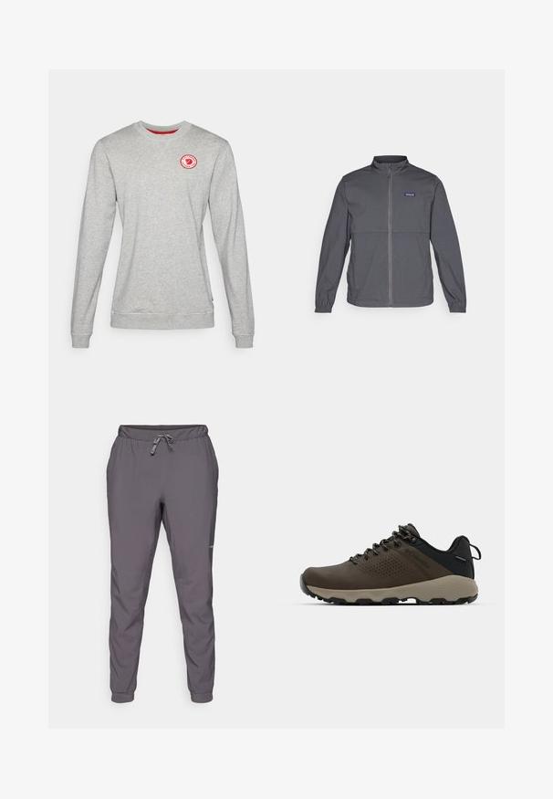 Siva lagana jakna s visokim ovratnikom, punim prednjim zatvaračem, elastičnim manžetama i logotipom na gornjem lijevom dijelu prsnog koša. Glatka tekstura tkanine.; Sivi dukserica s rundim izrezom izrađena od mješavine pamuka, s crvenim kružnim logotipom na prsima i rebrastim manžetama na rukavima i donjem rubu.; Sive, lagane hlače s elastičnim pojasom i podešavanjem pomoću vezice; suženi kroj nogavica; glatka tekstura; uključuje logo detalj sa strane.; Smeđe vodootporne tenisice s teksturiranom gornjom i perforiranim detaljima, crnom potporom za petu i sivim gumiranim potplatom. Čipke su stilizirane s metalnim krajevima.