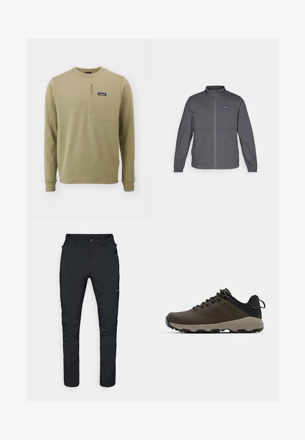 Gray lightweight jacket with a high collar, full front zipper, elastic cuffs, and a logo patch on the upper left chest. Smooth fabric texture.; Patagonia THERMAL CREW - Sweatshirt - seabird grey; Black outdoor trousers with a straight fit, featuring zip pockets, belt loops, and a lightweight, durable fabric texture.; Brown waterproof sneakers with a textured upper, perforated accents, black heel support, and a grey rubber sole. Laces are styled with metallic ends.