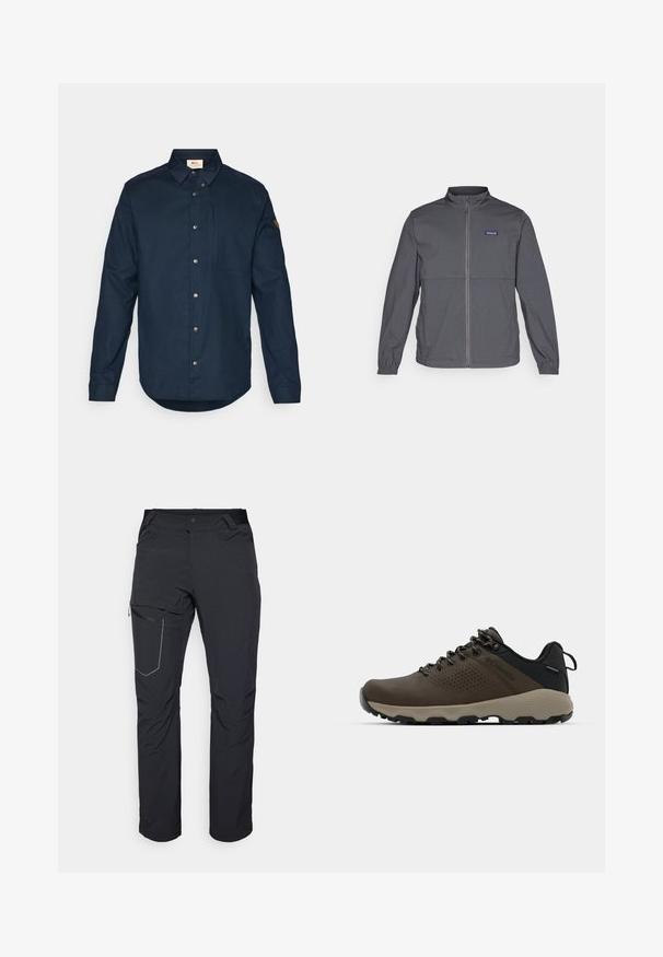 Siva lahka jakna z visokim ovratnikom, polnim zadrgo, elastičnimi manšetami in oznako na zgornjem levem prsnem delu. Gladka tekstura materiala.; Temno modra dolg rokav srajca iz gladkega blaga, z zaponkami spredaj, prsnim žepom in znamčno oznako na rokavu.; Črne zunanje hlače z žepom na stegnu z zadrgo, elastičnim pasom in gladkim, vodoodpornim materialom. Čist dizajn brez vidnih logotipov.; Rjave vodoodporne superge z teksturiranim zgornjim delom, perforiranimi detajli, črno podporo za peto in sivo gumijasto podlogo. Šnure imajo metalne konice.
