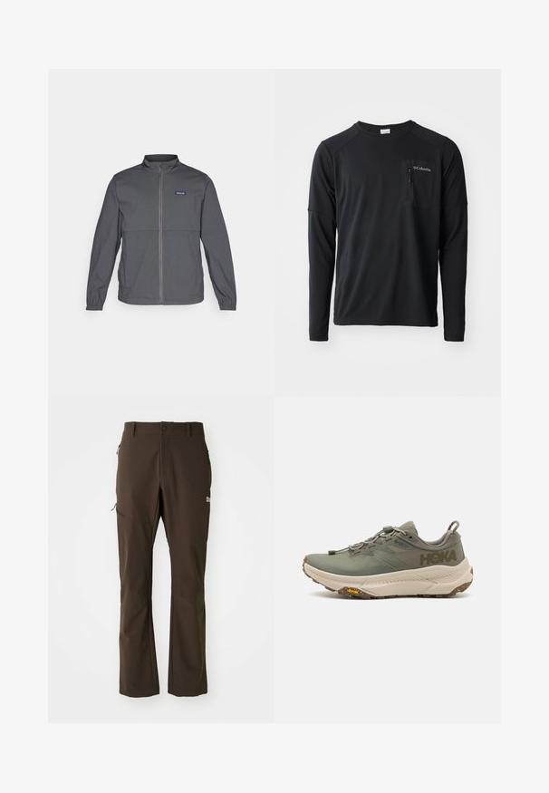 Šedá lehká bunda s vysokým límcem, plným předním zipem, elastickými manžetami a logem na levém horním prsu. Hladká textilie.; Columbia COLUMBIA TECH™ LONG SLEEVE CREW - Top s dlouhým rukávem - black; Jack Wolfskin HOLDSTEIG PANTS - Outdoorové kalhoty - peat; Zelené běžecké boty Hoka s Gore-Tex svrškem, texturovanými akcenty, elastickými tkaničkami a tlustou béžovou podrážkou s logem Vibram.