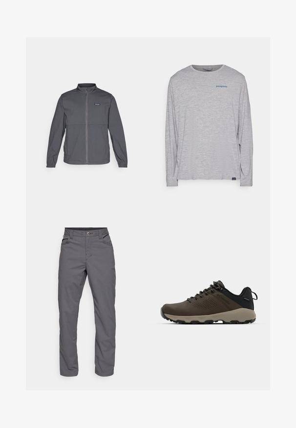 Gray lightweight jacket with a high collar, full front zipper, elastic cuffs, and a logo patch on the upper left chest. Smooth fabric texture.; Light gray long-sleeve t-shirt made of soft, textured fabric. Features a crew neck and a small blue Patagonia logo on the chest.; Gray, straight-leg trousers made of lightweight fabric. Features two front pockets and a zip fly with a button closure. Smooth texture.; Brown waterproof sneakers with a textured upper, perforated accents, black heel support, and a grey rubber sole. Laces are styled with metallic ends.