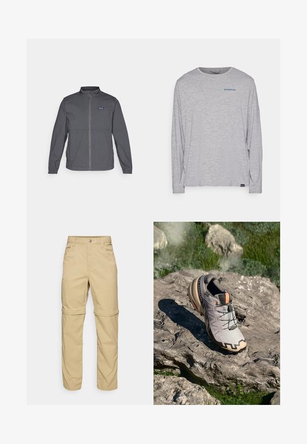 Siva lagana jakna s visokim ovratnikom, punim prednjim zatvaračem, elastičnim manžetama i logotipom na gornjem lijevom dijelu prsnog koša. Glatka tekstura tkanine.; Svijetlosivi dugi rukav majica od mekanog, teksturiranog materijala. Ima okrugli izrez i mali plavi Patagonia logo na prsima.; Bež hlače s patentnim zatvaračem i glatkom teksturom, s dva bočna džepa, dugmetom za zatvaranje i preklopnim manžetama za svestranost.; Svijetlosivi trail trkaći tenisice s bež detaljima, teksturiran gornji dio, crne vezice i izraženi profil na soles. Ima logo branda.
