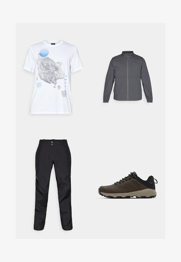 Harmaa kevyt takki, jossa on korkea kaula, täysi ed zipper, joustavat hihansuut ja logopainatus vasemmassa ylärinnassa. Suuri kangaslaatu.; Valkoinen puuvillapaita, jossa on topografinen karttakuva mustalla ja sinisellä, tekstielementtejä ja pyöreä sininen koriste. Lyhyet hihat.; Mustat vedenpitävät housut, joissa on sileä pinta, kahdella etupainikkeella ja kapeneva lahkeen malli. Korostettu sivulle sijoitetulla logolla.; Ruske vedenäyttävät lenkkarit, joissa on tekstuuroitu päällinen, reikiä korostavia yksityiskohtia, musta kantatuki ja harmaa kumipohja. Kiristysnauhoissa on metalliset päät.