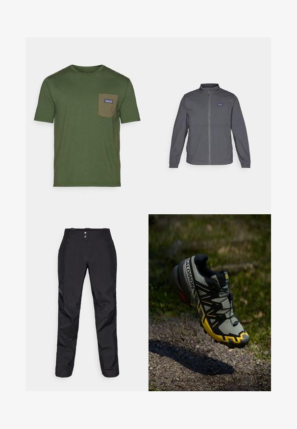 Casaco leve cinza com gola alta, fecho frontal completo, punhos elásticos e um logótipo em cima do lado esquerdo do peito. Textura de tecido suave.; Patagonia DAILY POCKET TEE - T-shirt básica - torrey pine green; Calças impermeáveis pretas com uma textura suave, apresentando dois botões na frente e um design de perna ajustada. Decoradas com um logotipo de lado.; Sapatilha de trail running Salomon em cinza suave com detalhes em amarelo brilhante. Apresenta uma sola texturizada, sistema de atilho seguro e um colar acolchoado.