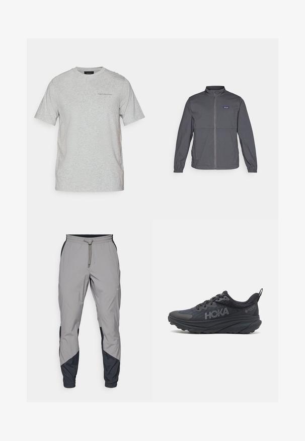 Gray lightweight jacket with a high collar, full front zipper, elastic cuffs, and a logo patch on the upper left chest. Smooth fabric texture.; Light grey short-sleeve crew neck t-shirt with subtle "Peak Performance" logo on the left chest.; Lightweight, gray athletic pants with black accents. Elastic waistband, drawstring closure, tapered leg design, and side pockets.; Black Hoka running shoe featuring a mesh upper, textured details, and a thick, cushioned sole with tapered edges for enhanced support.
