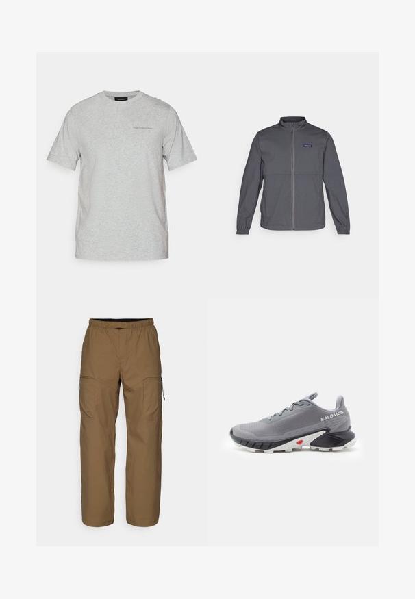Gray lightweight jacket with a high collar, full front zipper, elastic cuffs, and a logo patch on the upper left chest. Smooth fabric texture.; Light grey short-sleeve crew neck t-shirt with subtle "Peak Performance" logo on the left chest.; Brown, lightweight cargo pants with an elastic waistband, zippered side pockets, and a loose fit. Smooth texture and minimal detailing.; Gray running shoes with textured mesh upper, black and white rubber sole, and red accent near the heel. Features laces and supportive design.