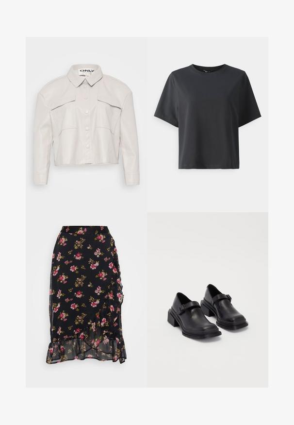 Patogus šviesiai kreminės spalvos dirbtinės odos švarkas su apykakle, mygtukų užsegimu ir dviem krūtinės kišenėmis. Lygi tekstūra ir minimalistiškas dizainas.; Juodas medvilnės marškinėliai, trumpomis rankovėmis, apvaliu kaklu, laisvas kirpimas, lygus paviršius, paprastas dizainas, be raštų ar akcentų.; Juodas gėlių sijonas su rožinėmis ir žaliomis gėlių raštais, volangų apdaila ir sluoksniuota konstrukcija, pagamintas iš lengvos, permatomos medžiagos.; Juodos odinės bateliai su apvaliu priekiu, plokščiu padu ir dirželiu su sagtimi. Didelis blokinis kulnas, užtikrinantis papildomą stabilumą.