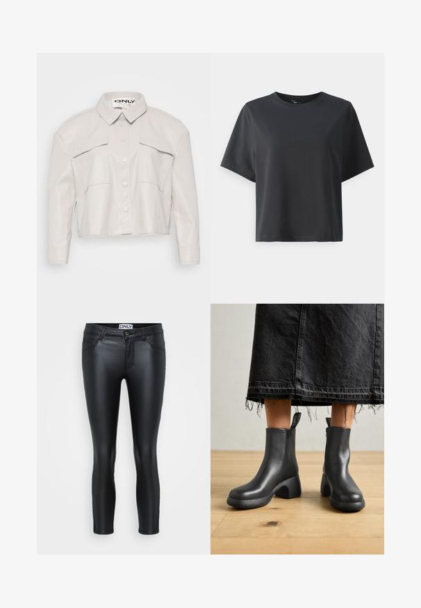 Rövidített világos bézs műbőr dzseki, gallérral, gombos elülső résszel és két mellzsebbel. Sima felület és minimalista dizájn.; Fekete pamut póló, rövid ujjú, kerek nyakkivágású, laza szabású, sima textúrájú, egyszerű design, minta vagy kiegészítők nélkül.; Fekete leggings fényes anyagból, testhezálló kialakítással, öt zsebbel, steppelt részletekkel és elöl gombos záródással.; Fekete bőr bokacipők vastag sarokkal és oldalsó cipzárral, texturált talppal és húzófüllel a könnyű felhúzás érdekében.