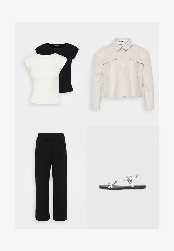 Cropped light beige faux leather jacket with a collar, button front, and two chest pockets. Smooth texture and minimalistic design.; Two fitted T-shirts: one cream and one black. Made from soft, textured cotton, featuring short sleeves and a round neckline.; Black wide-leg pants made of a smooth fabric, featuring a flat front, belt loops, and no visible pockets. Clean, tailored design.; Silver metallic sandals with a minimal design, featuring thin straps and a black flat sole. Highlights include cross strap accents.
