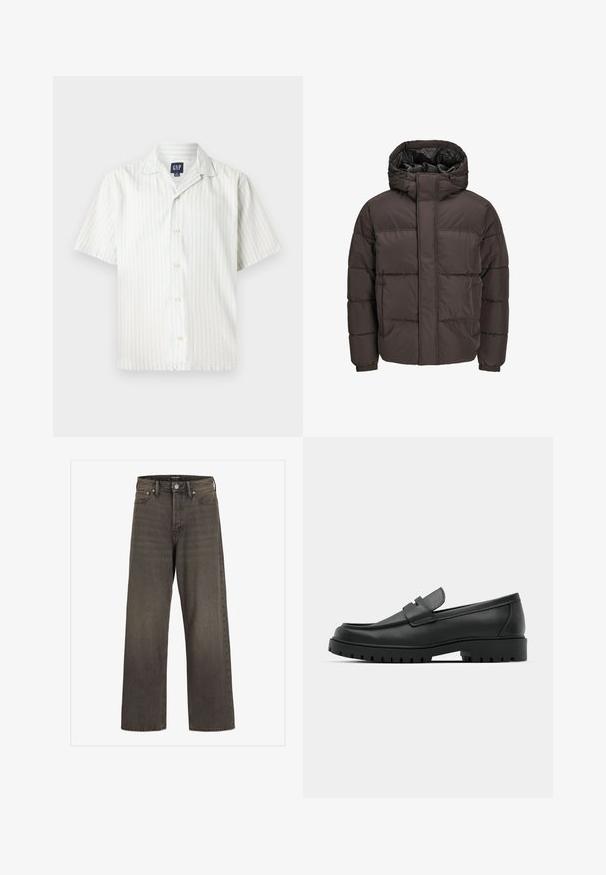 Rudas paminkštintas paltas su aukštu apykakle ir gaubtu. Turi siuvinėtas dalis šilumai išlaikyti ir elastingus rankogalius, kad tvirtai priglustų.; Šviesiai mėlynos ir baltos vertikalių juostelių trumpomis rankovėmis mygtukų marškiniai, pagaminti iš medvilnės audinio, su smailiu apykakle ir mygtukais priekyje.; Plati kojinės džinsai tamsiai pilkos spalvos džinsinio audinio, su aukštu liemeniu, klasikinio penkių kišenių dizainu ir kontrastinga siuvimo linija siūlėse.; Juodi odiniai loaferiai su apvalia nosimi, su siuvinėtu dizainu, žemu platformos padu ir tekstūruotu, sukibimo raštu padu.