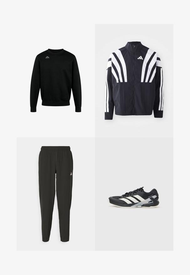 Svart jakke med høy krage, hel glidelås og markante hvite skråstriper på ermene. Laget av lett stoff med en glatt tekstur.; Svart hettegenser laget av bomull, med rund hals, lange ermer og ribbestrikkede mansjetter, med en hvit logo øverst til venstre på brystet.; Svarte treningbukser med elastisk midje, slim fit, og hvit logo på venstre bein. Glatt, lett stoff.; Svart treningssko med hvite striper, mesh-overdel, avrundet tå og polstret såle. Har en teksturert hæl og et sikkert snøresystem.