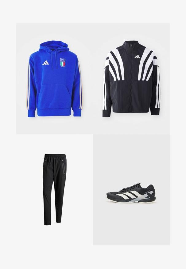 Jachetă neagră cu guler înalt, fermoar complet și dungi diagonale albe îndrăznețe pe mâneci. Fabricată dintr-un material ușor, cu o textură netedă.; Hanorac albastru cu glugă, cu dungi bej pe mâneci, buzunar frontal și logo brodat al Italiei cu stele. Fabricat dintr-un material moale.; Pantaloni atletici negri cu talie elastică, două buzunare laterale cu fermoar, picioare conice și un detaliu logo discret pe șold.; Pantofii sport negri cu dungi albe, superior din plasă, vârf rotunjit și talpă îmbunătățită pentru amortizare. Au o călcătură texturată și un sistem de șireturi securizat.