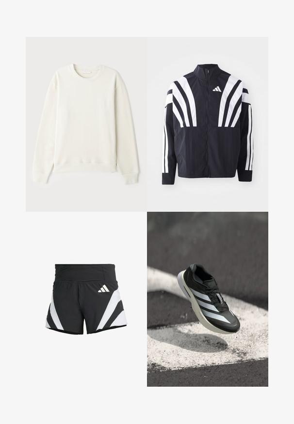 Čierna bunda s vysokým golierom, plným zipsom a výraznými bielymi diagonálnymi pruhmi na rukávoch. Vyrobená z ľahkého materiálu s hladkou textúrou.; Svetlo béžová mikina, bavlnený materiál, okrúhly výstrih, dlhé rukávy, rebrované manžety a lem, minimalistické logo na hrudi, hladká textúra.; adidas Performance ADIZERO A M - Športové šortky - black; Čierna športová obuv s tromi bielymi pruhmi, textúrovaným zvrškom, štíhlym dizajnom a zakrivenou podrážkou, umiestnená nad bielou čiarou na asfaltovom povrchu.
