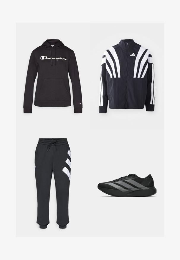 Zwarte jasje met een hoge kraag, volledige rits en gedurfde witte diagonale strepen op de mouwen. Gemaakt van lichtgewicht stof met een gladde textuur.; Zwarte hoodie van zacht materiaal, met een groot wit "Champion" logo op de voorkant, een kenguruzak en ribgebreide boorden.; Zwarte trainingsbroek met een elastische tailleband, trekkoord en witte diagonale strepen op het linkerpand, met een boord bij de enkels.; Zwarte sportieve schoenen met een lichtgewicht ontwerp, voorzien van drie opvallende grijze strepen, een gladde textuur en een gevormde zool.