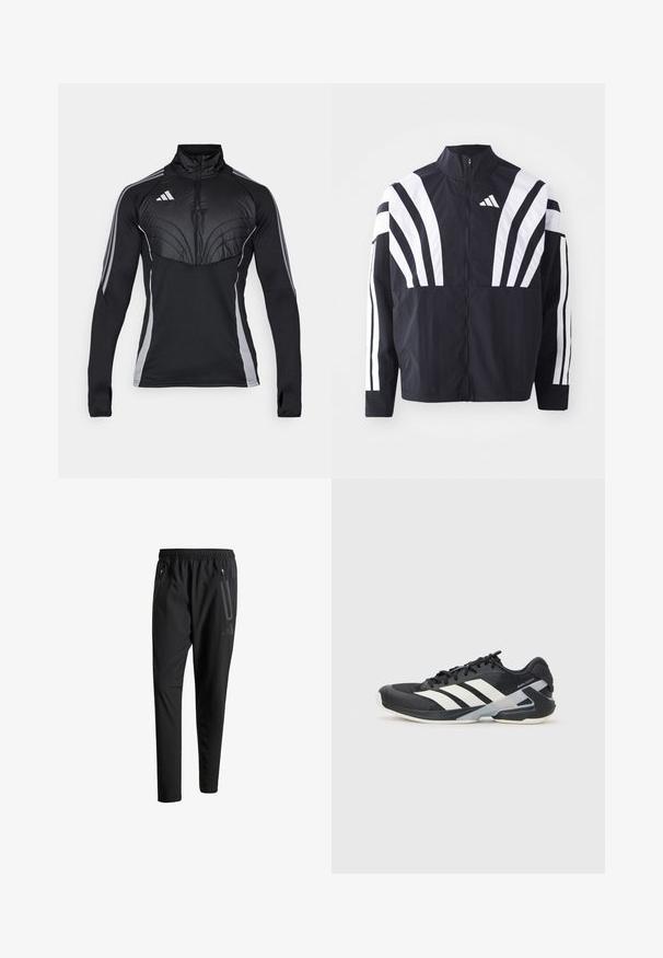 Giacca nera con colletto alto, zip completa e audaci strisce diagonali bianche sulle maniche. Realizzata in tessuto leggero con una texture morbida.; Pullover sportivo nero con colletto zip, dotato di pannello superiore trapuntato, strisce laterali grigie e aperture per il pollice nelle maniche per una presa migliore.; Pantaloni sportivi neri con vita elastica, due tasche laterali con cerniera, gambe affusolate e un sottile dettaglio del logo sull'anca.; Scarpa sportiva nera con strisce bianche, tomaia in rete, punta arrotondata e suola ammortizzata. Presenta un tallone testurizzato e un sistema di allacciatura sicuro.