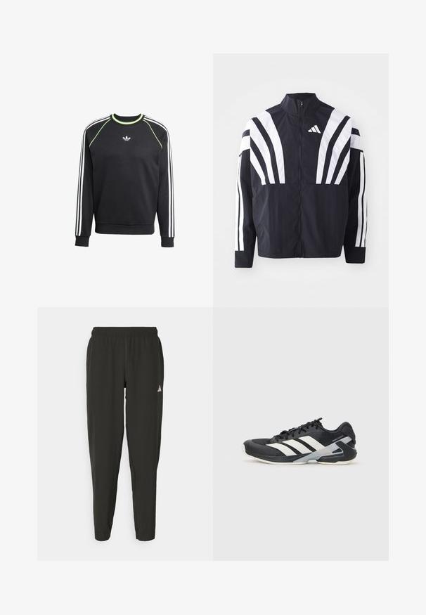 Melna jakas ar augstu apkakli, pilnu rāvējslēdzēju un drosmīgām baltām diagonālām svītrām uz piedurknēm. Izgatavota no viegla auduma ar gludu tekstūru.; Melna sporta džemperis ar baltu trīsrindu dizainu uz piedurknēm un laima zaļiem akcentiem. Tam ir apaļa apkakle un neliels logotips uz krūtīm.; Melnas sporta bikses ar elastīgu jostasvietu, pārslīdējošu piegriezumu un baltu logotipu uz kreisā kāja. Gluda, viegla auduma struktūra.; Melnas sporta kurpes ar baltām svītrām, acs augšdaļa, noapaļots pirksts un mīksts zole. Iespējams ar teksturētu papēdi un drošu šņoru sistēmu.