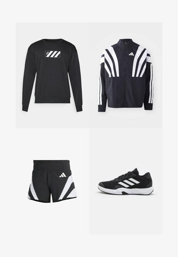 Svart jakke med høy krage, hel glidelås og markante hvite skråstriper på ermene. Laget av lett stoff med en glatt tekstur.; Svart hettegenser laget av en bomullsblanding, med rektangulært design og hvite striper samt logo på forsiden. Ribbet halslinning og mansjetter.; adidas Performance ADIZERO A M - Sports shorts - black; Sorte joggesko med teksturert mesh-overdel, hvite aksentstriper, en polstret såle og en forsterket hæl for støtte.