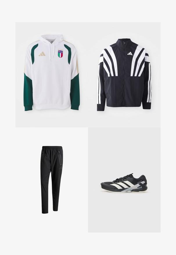 Čierna bunda s vysokým golierom, plným zipsom a výraznými bielymi diagonálnymi pruhmi na rukávoch. Vyrobená z ľahkého materiálu s hladkou textúrou.; Biela mikina s kapucňou so zelenými a zlatými akcentmi, ribbené rukávy, klokanie vrecko a emblém "Italia" na hrudi.; Čierne športové nohavice s elastickým pásom, dvoma bočnými zipsovými vreckami, zužujúcimi sa nohavicami a nenápadným detailom loga na bokoch.; Čierna športová obuv s bielymi pruhmi, sieťovinový zvršok, zaoblená špička a polstrovaná podrážka. Obsahuje štruktúrovaný opätok a bezpečný systém šnurovania.