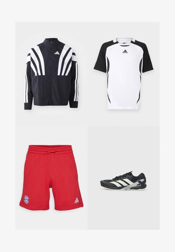 Juodas švarkas su aukštu kaklu, pilnu užtrauktuku ir ryškiomis baltomis įstrižomis juostelėmis ant rankovių. Pagamintas iš lengvos medžiagos su lygiu paviršiumi.; Trumpomis rankovėmis Adidas marškinėliai baltos spalvos su juodais akcentais. Turi apvalų kaklą, vertikalią tekstūrą ir šonines detales, suteikiančias sportinę formą.; Raudoni sportiniai šortai iš minkštos, kvėpuojančios medžiagos. Turi elastingą juosmenį su raišteliu, FC Bayern München logotipą ir Adidas prekinį ženklą.; Juoda sportinė avalynė su baltais dryžiais, tinklinis viršus, apvalus pirštas ir paminkštinta padais. Yra tekstūruota kulno dalis ir saugi raištelių sistema.