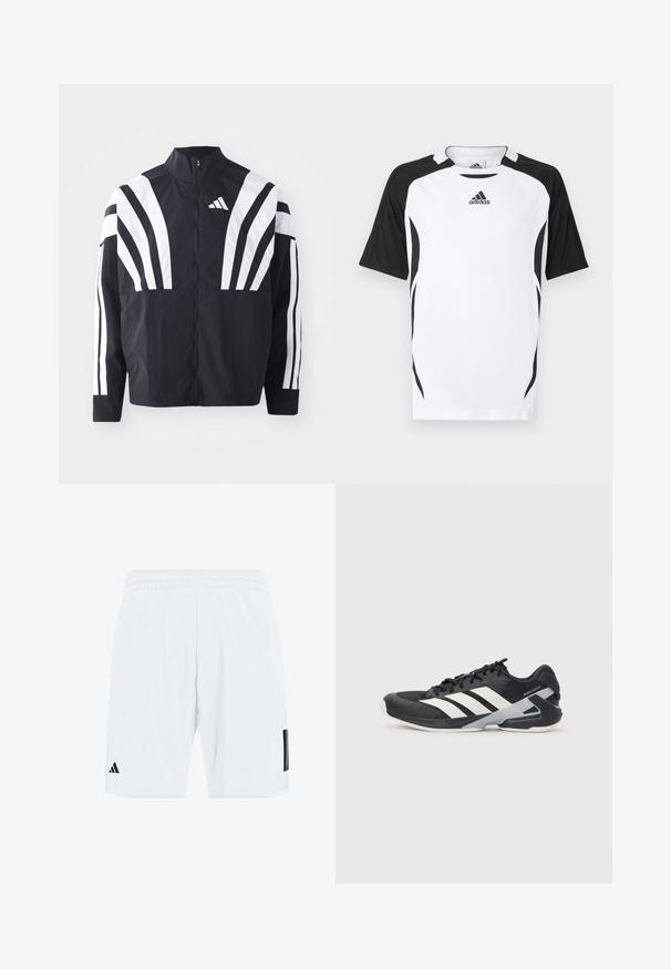 Black jacket featuring a high collar, full zip, and bold white diagonal stripes on sleeves. Made from lightweight fabric with a smooth texture.; Short-sleeve Adidas t-shirt in white with black accents. Features a crew neck, vertical texture, and side detailing for athletic fit.; White athletic shorts with an elastic waistband, featuring three black stripes on the sides and a black logo on the lower left leg.; Black athletic shoe with white stripes, mesh upper, rounded toe, and cushioned sole. Features a textured heel and secure lacing system.
