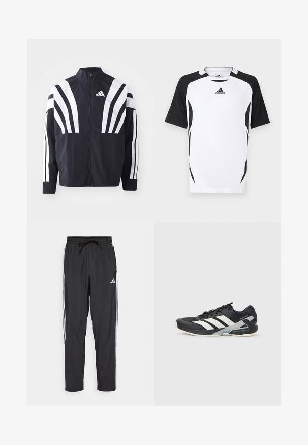 Casaco preto com colarinho alto, fecho completo e listras diagonais brancas em bold nas mangas. Feito de um tecido leve com uma textura suave.; T-shirt Adidas de manga curta em branco com detalhes em preto. Apresenta gola redonda, textura vertical e detalhes laterais para um ajuste atlético.; Calças desportivas pretas com cintura elástica e cordão. Apresenta riscas laterais brancas e um pequeno logotipo na perna esquerda. Tecido suave.; Sapata atlética preta com riscas brancas, parte superior em malha, biqueira arredondada e sola acolchoada. Apresenta um calcanhar texturizado e um sistema de atacadores seguro.
