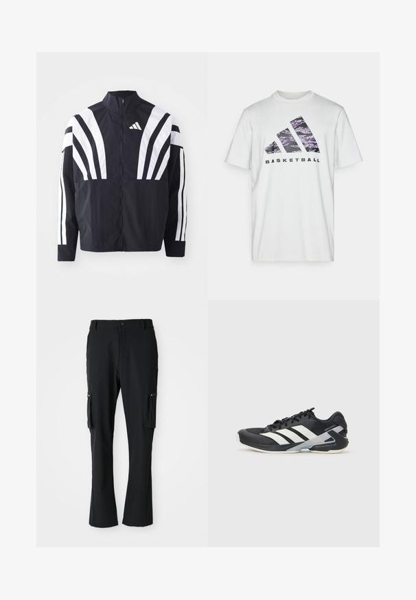 Fekete dzseki magas gallérral, teljes cipzárral és merész, fehér, átlós csíkokkal az ujjakon. Könnyű anyagból készült, sima tapintással.; Fehér pamut póló, rövid ujjakkal, lila és fekete grafikai nyomattal, amely három csíkot és a "BASKETBALL" feliratot ábrázolja.; Fekete cargo nadrág, könnyű anyagból készült, két oldalsó zsebbel, gombos záródással és egyenes lábujj kialakítással.; Fekete sportcipő fehér csíkokkal, hálós felsőrész, kerek orr és párnázott talp. Texturált sarokkal és biztonságos fűzőrendszerrel rendelkezik.