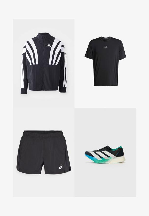 Svart jacka med hög krage, full dragkedja och djärva vita diagonala ränder på ärmarna. Tillverkad av lätt tyg med en slät struktur.; Svart kortärmad tränings-T-shirt i lätt tyg, med rund halsringning och grå Adidas-logga på bröstet.; Svarta träningsshorts med elastiskt midjeband, med en sidoklyfta och en vit logotyp på nedre framsidan till höger. Lätta, släta material.; Svart sportskor med vita ränder, tealgröna detaljer och en gradient av blått till grönt på sulan. Lättviktsdesign med texturerad ovandel.