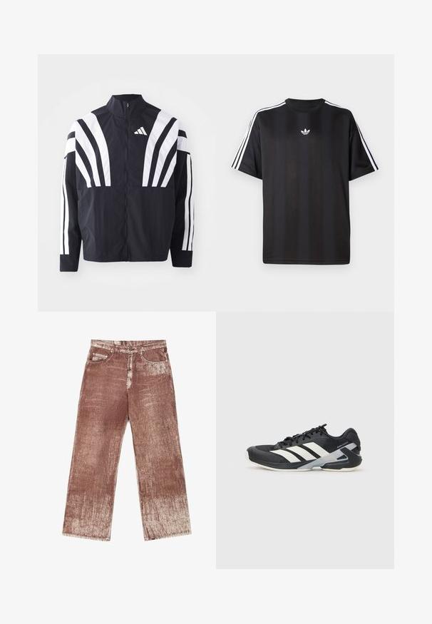 Czarna kurtka z wysokim kołnierzem, pełnym zamkiem błyskawicznym oraz wyrazistymi białymi ukośnymi paskami na rękawach. Wykonana z lekkiej tkaniny o gładkiej fakturze.; Czarna koszulka z krótkim rękawem z białymi, trzema paskami na ramionach oraz małym białym logotypem na klatce piersiowej. Gładka tekstura materiału.; Brązowe dżinsy denimo mają fakturowany, gradientowy wzór z jaśniejszymi przetarciami. Zawierają cztery kieszenie i srebrne akcenty metalowe.; Czarne buty sportowe z białymi paskami, siateczkowa cholewka, zaokrąglony czubek i amortyzowana podeszwa. Posiadają teksturowany obcas i pewny system sznurowania.