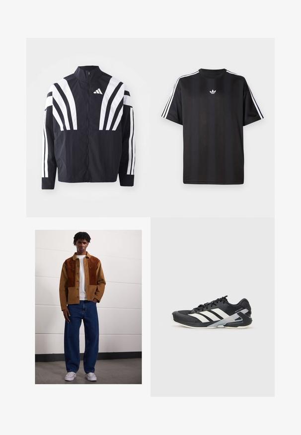 Casaco preto com colarinho alto, fecho completo e listras diagonais brancas em bold nas mangas. Feito de um tecido leve com uma textura suave.; T-shirt preto de manga curta com detalhes em branco nas três listas nos ombros e um pequeno logo branco no peito. Textura do tecido suave.; Homem de pé dentro de casa, vestindo um casaco de veludo cotelê castanho com mancha de ferrugem, uma t-shirt branca, jeans azuis largos e sapatilhas brancas.; Sapata atlética preta com riscas brancas, parte superior em malha, biqueira arredondada e sola acolchoada. Apresenta um calcanhar texturizado e um sistema de atacadores seguro.
