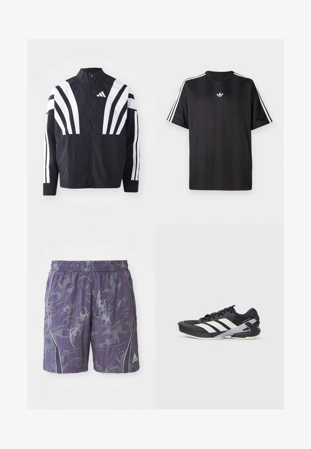 Jachetă neagră cu guler înalt, fermoar complet și dungi diagonale albe îndrăznețe pe mâneci. Fabricată dintr-un material ușor, cu o textură netedă.; Tricou negru cu mânecă scurtă, cu detalii albe cu trei dungi pe umeri și un mic logo alb pe piept. Textură de țesătură netedă.; Shorts atletici violeți cu modele abstracte argintii, talie elastică, benzi laterale și logo-ul Adidas pe partea dreaptă a piciorului.; Pantofii sport negri cu dungi albe, superior din plasă, vârf rotunjit și talpă îmbunătățită pentru amortizare. Au o călcătură texturată și un sistem de șireturi securizat.