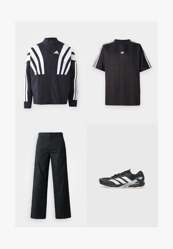 Črna jakna z visokim ovratnikom, popolnim zadrgo in boldnimi belimi diagonalnimi črtami na rokavih. Narejena iz lahkega materiala z gladko teksturo.; Crna majica s kratkimi рукави in belimi трими črtami na ramah ter majhnim belim logotipom na prsih. Gladka tekstura tkanine.; Črne široke hlače iz bombaža. Imajo gumbasto zapiranje, zanke za pas in stranske žepe. Gladka tekstura z krojem po meri.; Črne atletske čevlje z belimi črtami, mrežastim zgornjim delom, zaobljenim nosom in blaženim podplatom. Imajo teksturiran petni del in varen sistem vezalk.