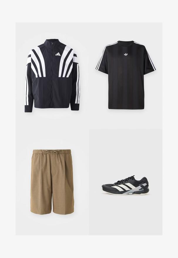 Mustrün mustaga, kõrge krae, täispikk tõmblukk ja julged valged diagonaalsed triibud varrukatel. Valmistatud kergest kangast, millel on sile tekstuur.; Must t-särk lühikeste varrukatega musta värviga, millel on valged kolmerealised detailid õlgadel ja väike valge logo rinnal. Sile kangas.; Pruunid volditud lühikesed püksid elastse vöökoha ja reguleeritava paelaga. Valmistatud siledast, kergest kangast sirgete lõigetega.; Mustad sportlik jalanõud mustade värvidega, valgete triipudega, võrgusilma pealmine osa, ümar varvas ja pehme tallaga. Omab tekstureeritud kontsa ja kindlat paeltesüsteemi.