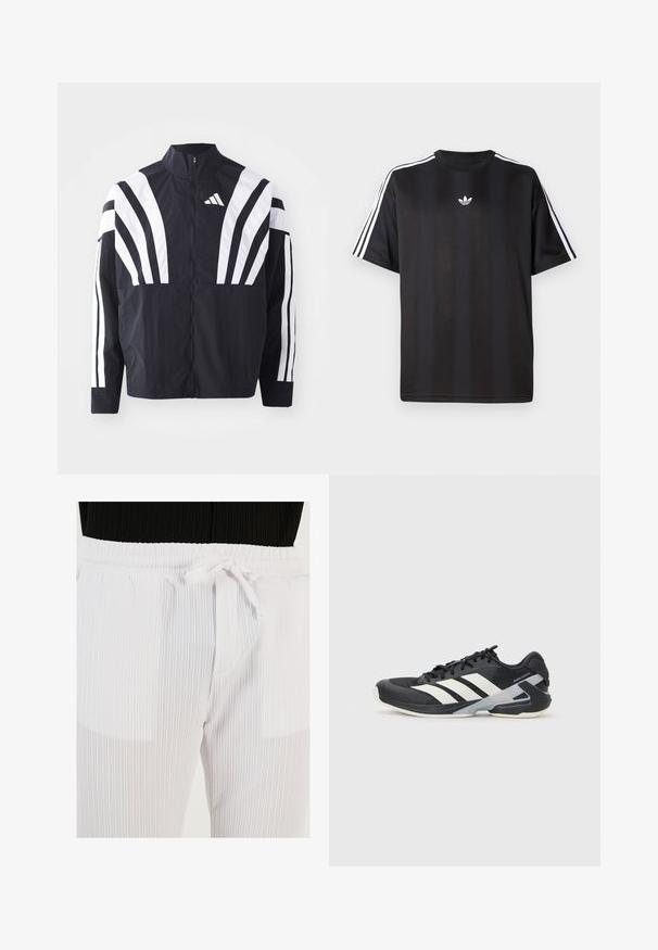 Czarna kurtka z wysokim kołnierzem, pełnym zamkiem błyskawicznym oraz wyrazistymi białymi ukośnymi paskami na rękawach. Wykonana z lekkiej tkaniny o gładkiej fakturze.; Czarna koszulka z krótkim rękawem z białymi, trzema paskami na ramionach oraz małym białym logotypem na klatce piersiowej. Gładka tekstura materiału.; Buratti - Spodnie materiałowe; Czarne buty sportowe z białymi paskami, siateczkowa cholewka, zaokrąglony czubek i amortyzowana podeszwa. Posiadają teksturowany obcas i pewny system sznurowania.