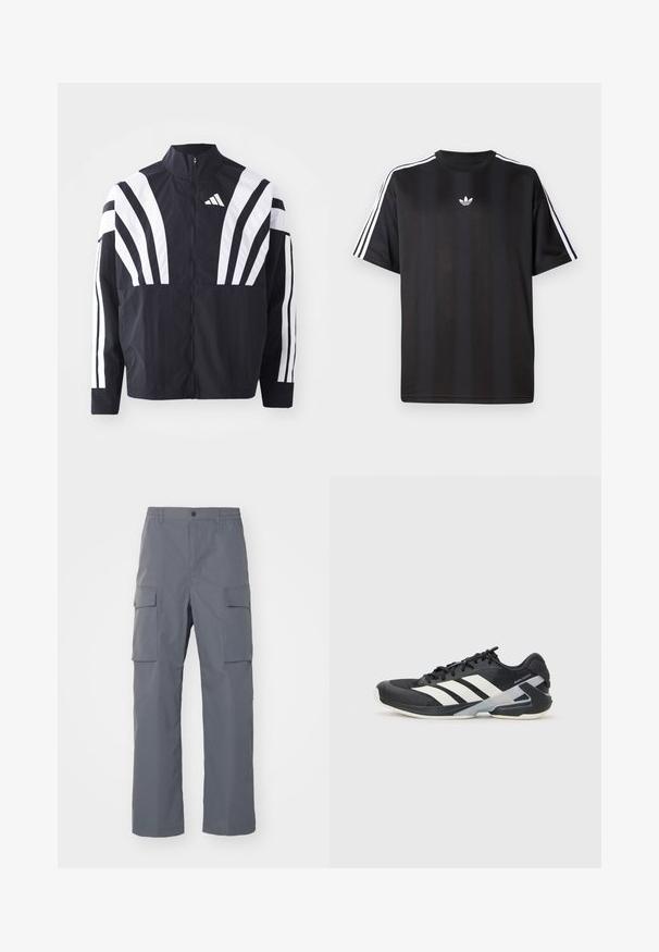 Giacca nera con colletto alto, zip completa e audaci strisce diagonali bianche sulle maniche. Realizzata in tessuto leggero con una texture morbida.; Maglietta nera a maniche corte con dettagli bianchi a tre strisce sulle spalle e un piccolo logo bianco sul petto. Tessuto dalla texture liscia.; Pantaloni cargo grigi realizzati in tessuto resistente. Le caratteristiche includono una vita elastica, due grandi tasche laterali e un taglio dritto.; Scarpa sportiva nera con strisce bianche, tomaia in rete, punta arrotondata e suola ammortizzata. Presenta un tallone testurizzato e un sistema di allacciatura sicuro.