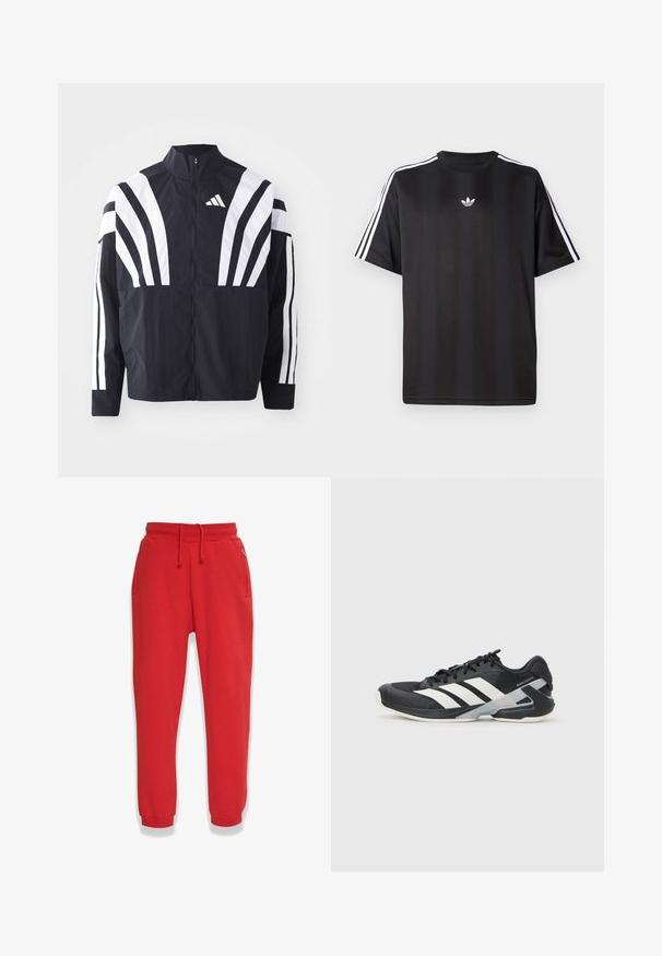 Svart jacka med hög krage, full dragkedja och djärva vita diagonala ränder på ärmarna. Tillverkad av lätt tyg med en slät struktur.; Svart t-shirt med kort ärm och vita tre-randiga detaljer på axlarna samt en liten vit logotyp på bröstet. Slät tygtextur.; Röda träningsbyxor i mjukt material, med elastisk midja och dragsko, sidofickor och smalnande ben.; Svart atletisk sko med vita ränder, mesh-övre, rund tå och dämpad sula. Har en strukturerad häl och ett säkert snörningssystem.