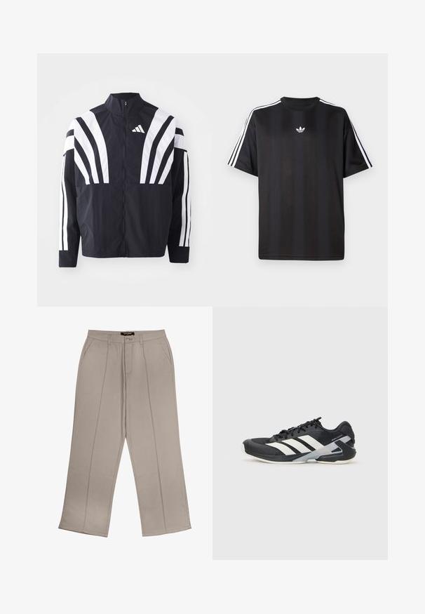 Fekete dzseki magas gallérral, teljes cipzárral és merész, fehér, átlós csíkokkal az ujjakon. Könnyű anyagból készült, sima tapintással.; Fekete, rövid ujjú póló fehér háromcsíkos díszítéssel a vállakon és egy kis fehér logóval a mellkasán. Simább anyag textúra.; Beige, széles lábú nadrág, amely szövetből készült, elöl zsebekkel, cipzáras nyitással és mindkét lábon két függőleges varrással.; Fekete sportcipő fehér csíkokkal, hálós felsőrész, kerek orr és párnázott talp. Texturált sarokkal és biztonságos fűzőrendszerrel rendelkezik.