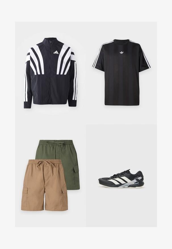 Mustat takki, jossa on korkea kaulus, täysivetoketju ja erittäin näkyvät valkoiset vinoraidat hihoissa. Valmistettu keveästä kankaasta, jolla on sileä rakenne.; Musta lyhythihainen T-paita, jossa valkoiset kolmioviivain yksityiskohdat hartioissa ja pieni valkoinen logo rinnassa. Silkkinen kangastuntuma.; Kaksi paria cargo-shortsseja; yksi khaki ja yksi vihreä. Kummassakin on joustava vyötärö, kiristysnauha ja sivutaskut. Sujuva kankaan rakenne.; Mustat urheilukengät valkoisilla raidoilla, verkkomateriaalia ylhäällä, pyöristetty kärki ja pehmustettu pohja. Varustettu teksturoidulla kantapäällä ja turvallisella nauhoitusjärjestelmällä.