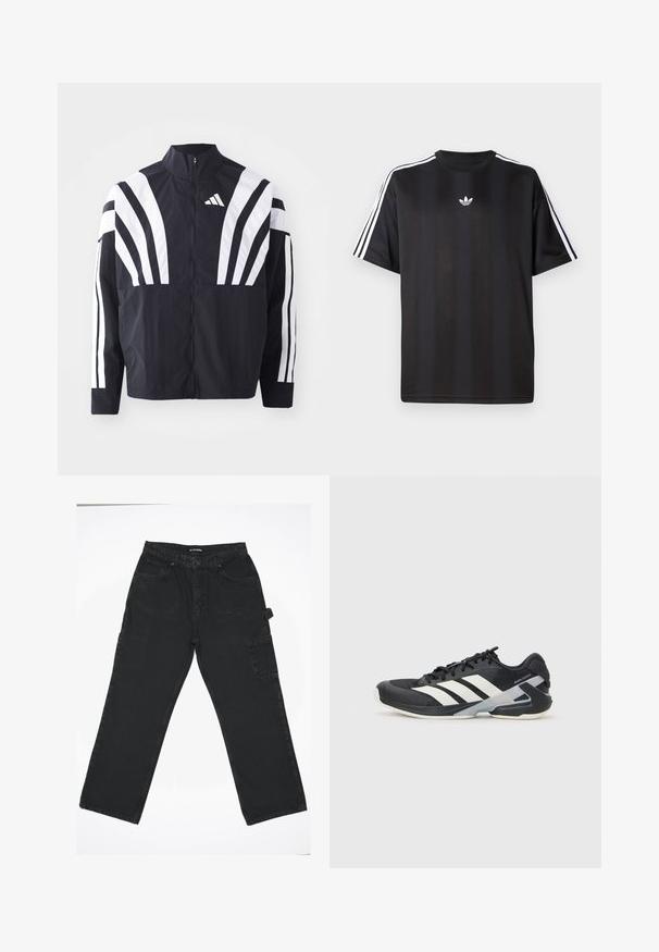 Svart jakke med høy krage, hel glidelås og markante hvite skråstriper på ermene. Laget av lett stoff med en glatt tekstur.; Svart t-skjorte med kort erm og hvite tre-stripes detaljer på skuldrene og en liten hvit logo på brystet. Mjuk stofftekstur.; Sorte denimbukser med rett ben, med frontknap-lukning, baglommer og en sidelomme til cargo.; Svart treningssko med hvite striper, mesh-overdel, avrundet tå og polstret såle. Har en teksturert hæl og et sikkert snøresystem.