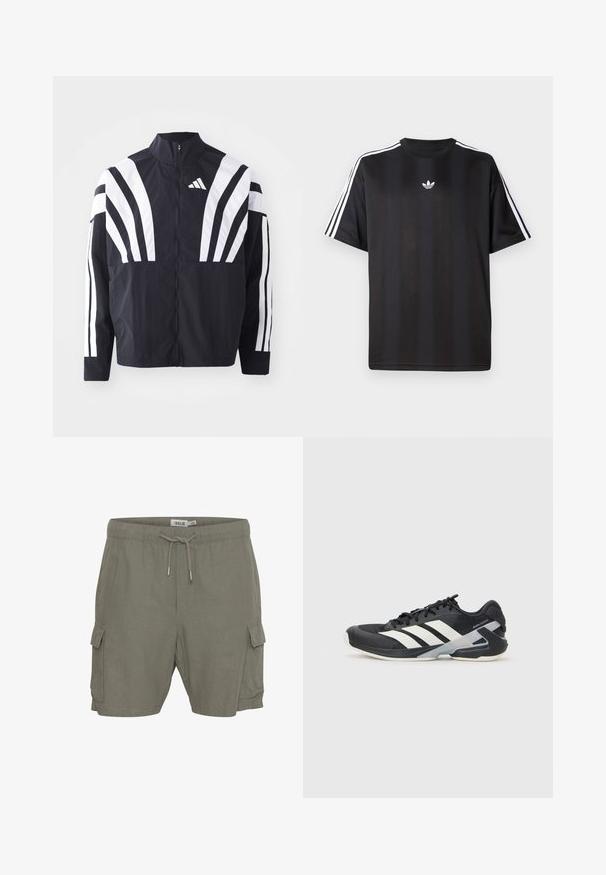 Mustrün mustaga, kõrge krae, täispikk tõmblukk ja julged valged diagonaalsed triibud varrukatel. Valmistatud kergest kangast, millel on sile tekstuur.; Must t-särk lühikeste varrukatega musta värviga, millel on valged kolmerealised detailid õlgadel ja väike valge logo rinnal. Sile kangas.; Oliivrohelised cargo-shortsid, millel on paelaga vöökoht, küljetaskud ja kerge, tekstuuriga materjal.; Mustad sportlik jalanõud mustade värvidega, valgete triipudega, võrgusilma pealmine osa, ümar varvas ja pehme tallaga. Omab tekstureeritud kontsa ja kindlat paeltesüsteemi.