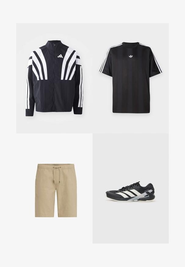 Svart jakke med høy krage, hel glidelås og markante hvite skråstriper på ermene. Laget av lett stoff med en glatt tekstur.; Svart t-skjorte med kort erm og hvite tre-stripes detaljer på skuldrene og en liten hvit logo på brystet. Mjuk stofftekstur.; Beige shorts laget av myk stoff, med elastisk midjebånd og snor, samt sidelommer, designet med rett snitt.; Svart treningssko med hvite striper, mesh-overdel, avrundet tå og polstret såle. Har en teksturert hæl og et sikkert snøresystem.