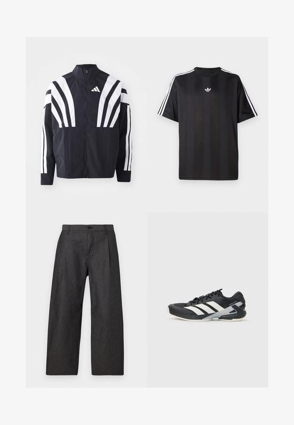 Mustrün mustaga, kõrge krae, täispikk tõmblukk ja julged valged diagonaalsed triibud varrukatel. Valmistatud kergest kangast, millel on sile tekstuur.; Must t-särk lühikeste varrukatega musta värviga, millel on valged kolmerealised detailid õlgadel ja väike valge logo rinnal. Sile kangas.; Tumedast hallid laiade jalgadega püksid, mis on valmistatud tekstureeritud kangast. Omavad ees olevat nup Closure ja kahte küljetaskut. Minimalistlik disain ilma mustriteta.; Mustad sportlik jalanõud mustade värvidega, valgete triipudega, võrgusilma pealmine osa, ümar varvas ja pehme tallaga. Omab tekstureeritud kontsa ja kindlat paeltesüsteemi.